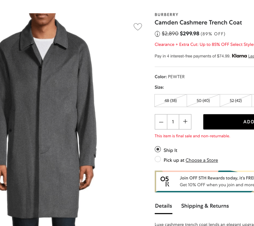Burberry Camden Cashmere Trench Coat $299.98