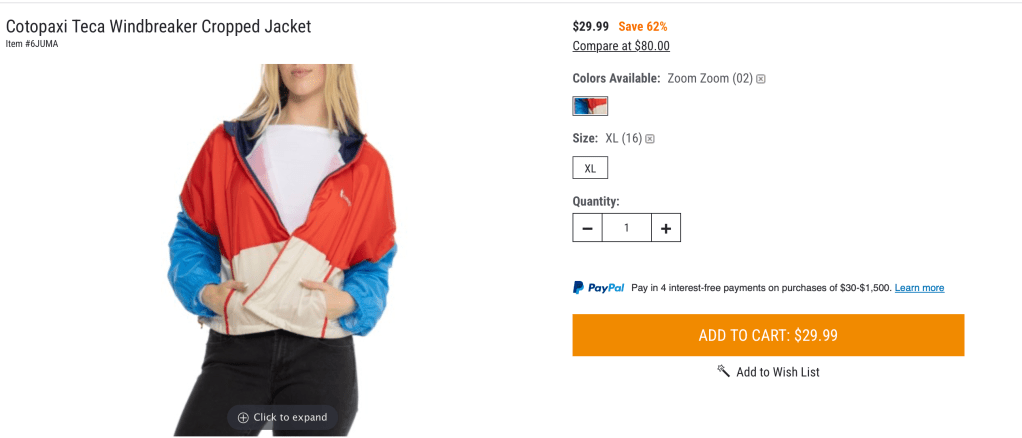 Cotopaxi Teca Windbreaker Cropped Jacket $29.99