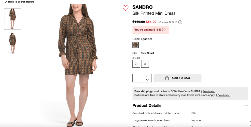 SANDRO
Silk Printed Mini Dress
original price:$149.99 new price:$54.00 