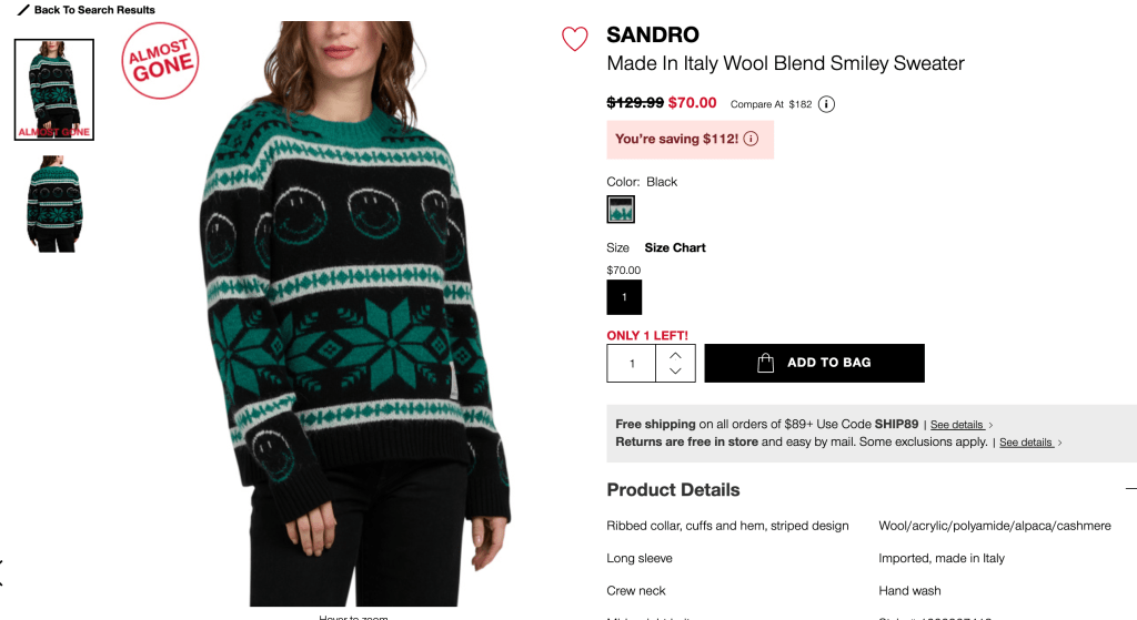 SANDRO
Made In Italy Wool Blend Smiley Sweater
original price:$129.99 new price:$70.00