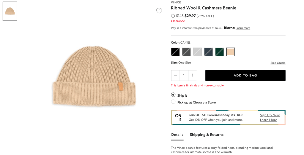 VINCERibbed Wool & Cashmere Beanie
.Price reduced from$145 to $29.97 (79% OFF)