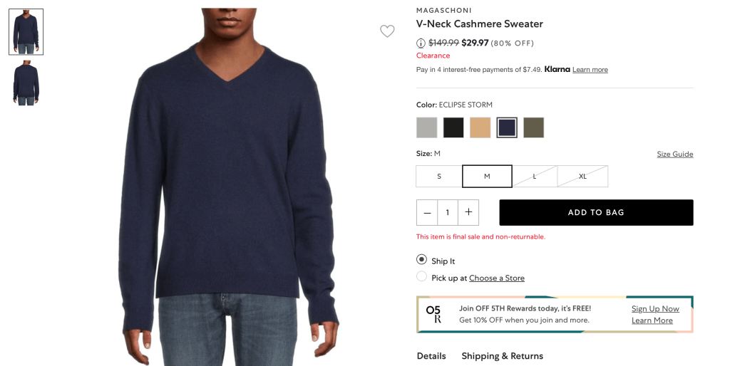MAGASCHONI V-Neck Cashmere Sweater
Price reduced from$149.99 to $29.97 (80% OFF)