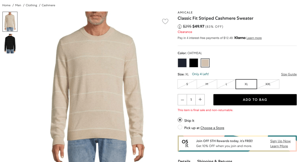 AMICALE Classic Fit Striped Cashmere Sweater
Price reduced from$295 to $49.97 (83% OFF)