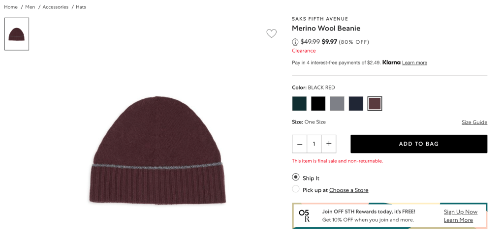 SAKS FIFTH AVENUE Merino Wool Beanie
.Price reduced from$49.99 to $9.97 (80% OFF)
