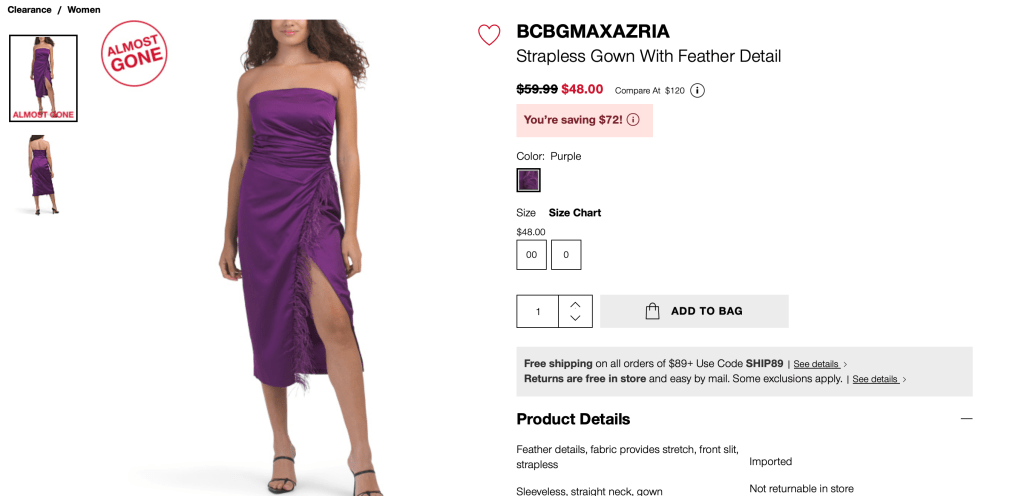 BCBGMAXAZRIA
Strapless Gown With Feather Detail

original price:$59.99 new price: $48.00