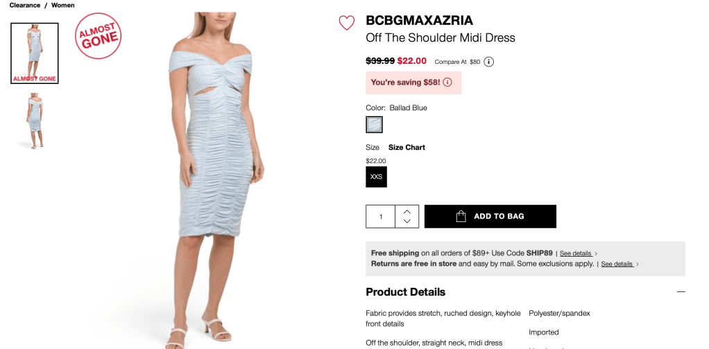 BCBGMAXAZRIA
Off The Shoulder Midi Dress

original price:$39.99 new price: $22.00  