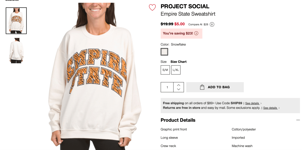 PROJECT SOCIAL
Empire State Sweatshirt

original price:$19.99 new price: $5.00