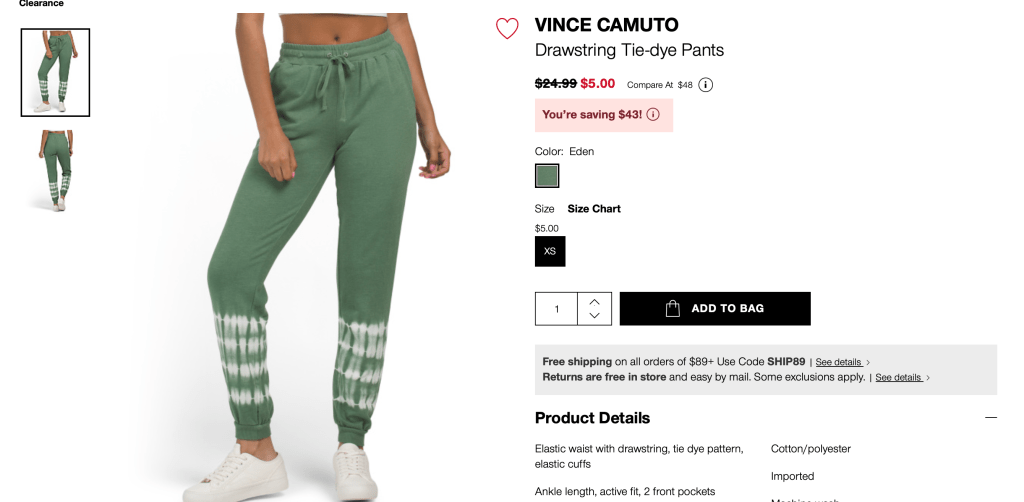 VINCE CAMUTO
Drawstring Tie-dye Pants

original price:$24.99 new price: $5.00