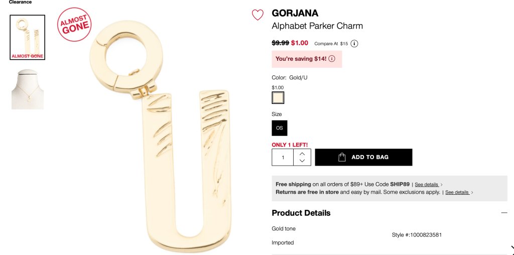 GORJANA
Alphabet Parker Charm

original price:$9.99 new price: $1.00  