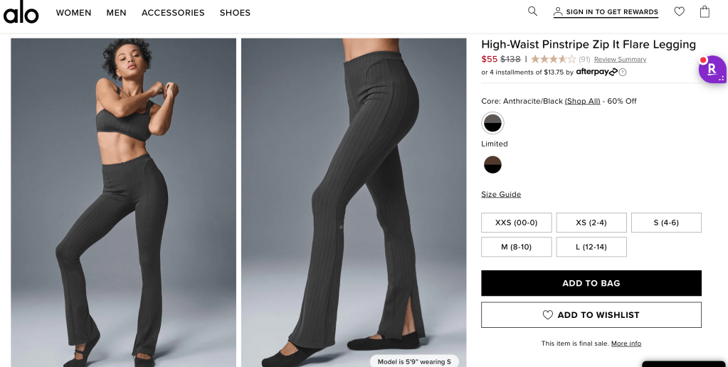 Alo High-Waist Pinstripe Zip It Flare Legging
$55