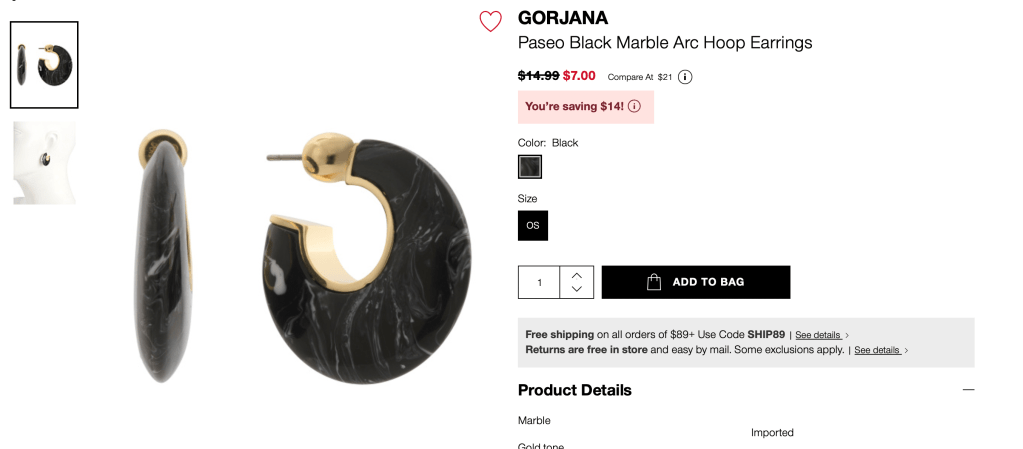 GORJANA
Paseo Black Marble Arc Hoop Earrings
$7.00