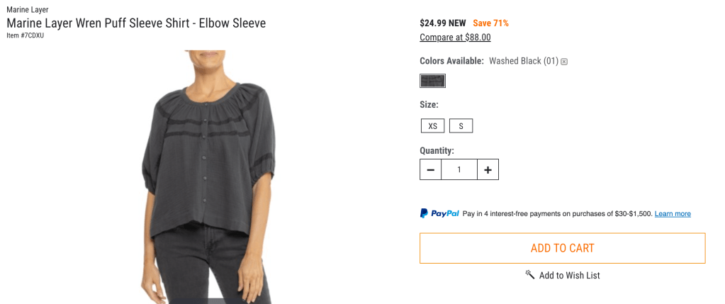 Marine Layer Wren Puff Sleeve Shirt - Elbow Sleeve
$24.99 