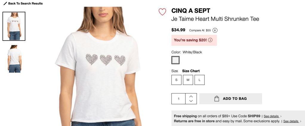 CINQ A SEPT
Je Taime Heart Multi Shrunken Tee

$34.99