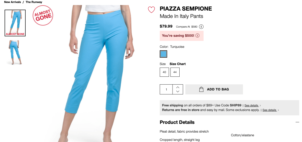 PIAZZA SEMPIONE
Made In Italy Pants

$79.99