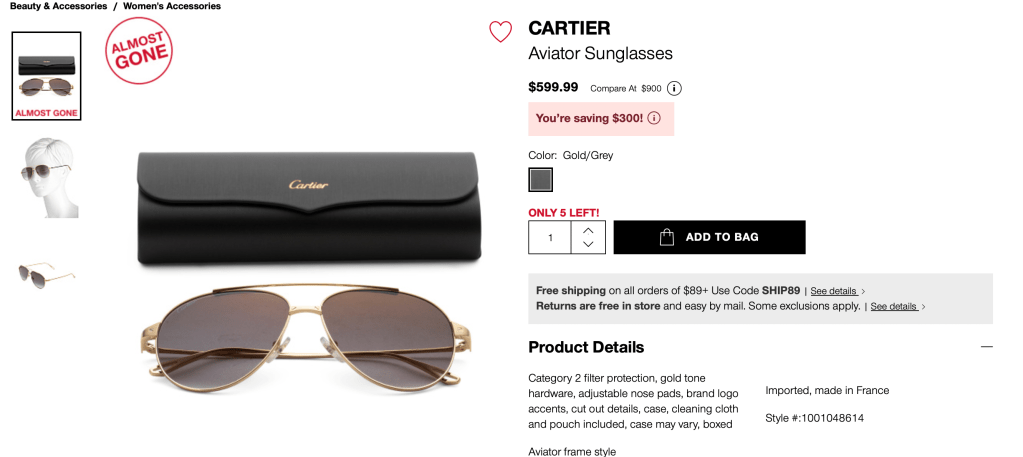 CARTIER
Aviator Sunglasses

$599.99