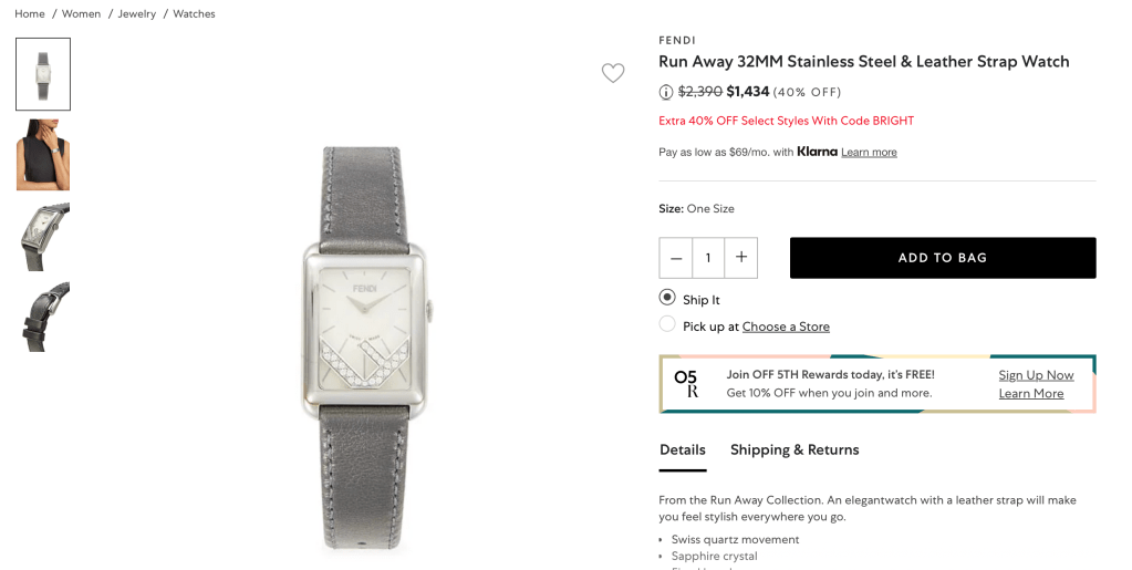 FENDIRun Away 32MM Stainless Steel & Leather Strap Watch
Price reduced from$2,390 to $1,434 (40% OFF)
Extra 40% OFF Select Styles With Code BRIGHT