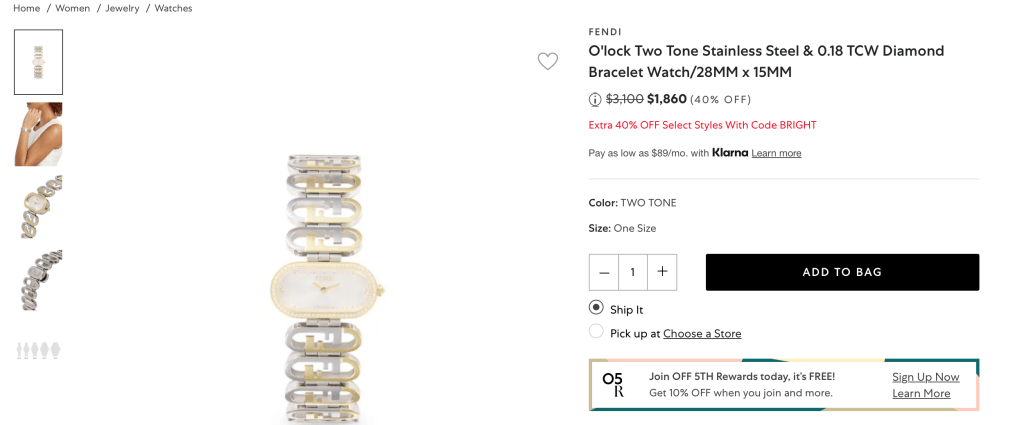 FENDI O'lock Two Tone Stainless Steel & 0.18 TCW Diamond Bracelet Watch/28MM x 15MM
.Price reduced from$3,100 to $1,860 (40% OFF)
Extra 40% OFF Select Styles With Code BRIGHT
