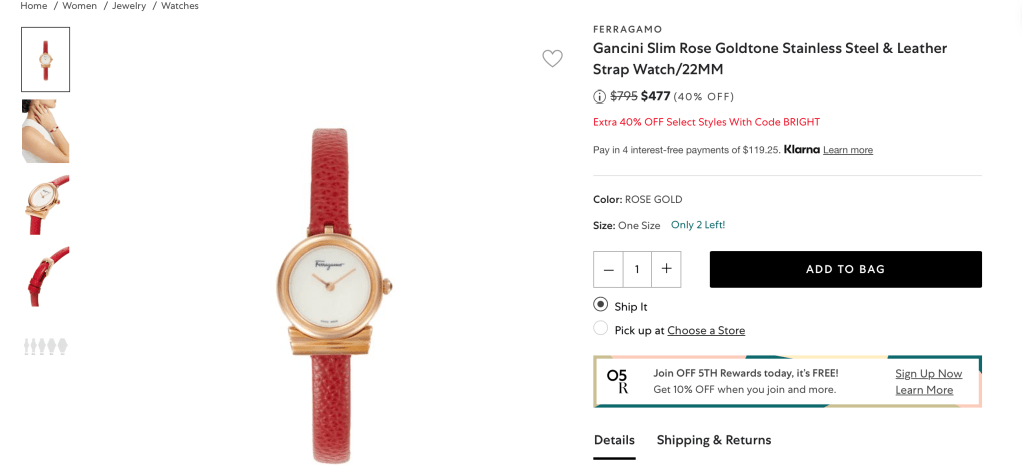 FERRAGAMO Gancini Slim Rose Goldtone Stainless Steel & Leather Strap Watch/22MM
Price reduced from$795 to $477 (40% OFF)
Extra 40% OFF Select Styles With Code BRIGHT