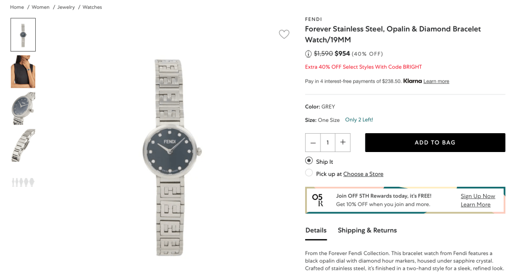 FENDI Forever Stainless Steel, Opalin & Diamond Bracelet Watch/19MM
Price reduced from$1,590 to $954 (40% OFF)