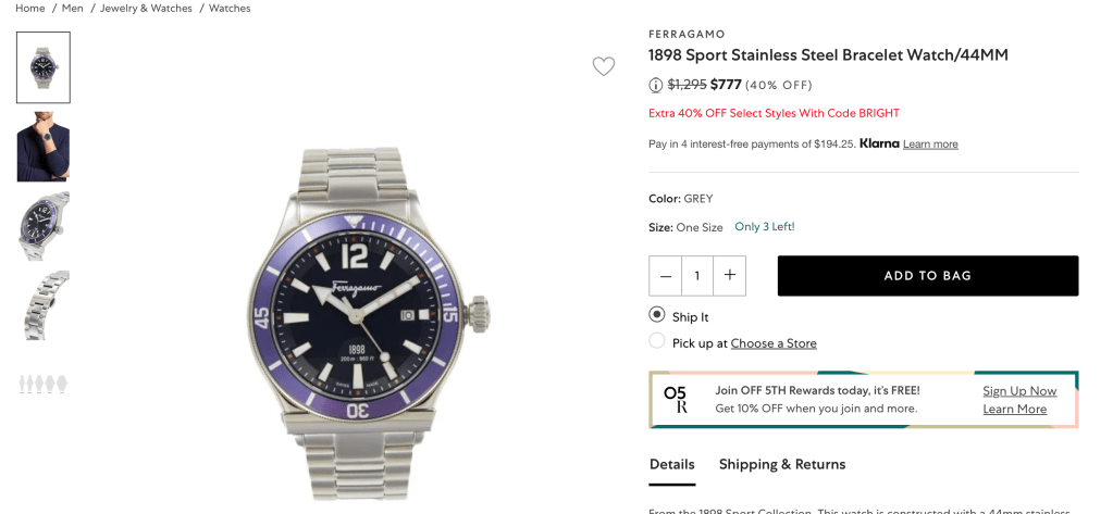 FERRAGAMO 1898 Sport Stainless Steel Bracelet Watch/44MM
Price reduced from$1,295 to $777 (40% OFF)
Extra 40% OFF Select Styles With Code BRIGHT