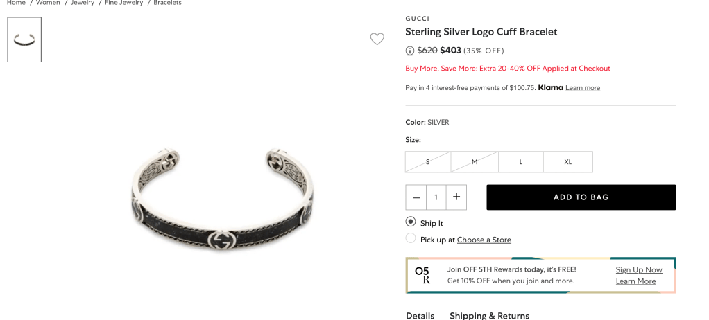 GUCCI Sterling Silver Logo Cuff Bracelet
 $403 (35% OFF)
Buy More, Save More: Extra 20-40% OFF Applied at Checkout