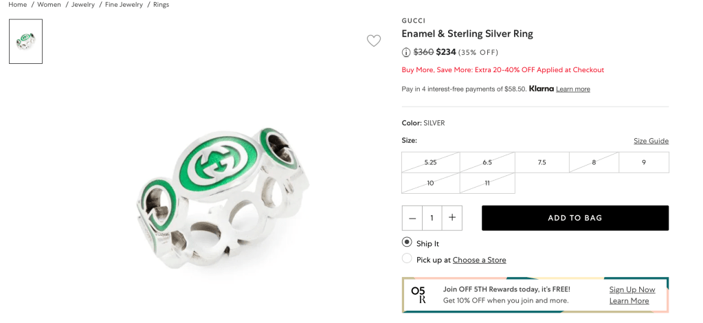 GUCCI Enamel & Sterling Silver Ring
.Price reduced from$360 to $234 (35% OFF)
Buy More, Save More: Extra 20-40% OFF Applied at Checkout