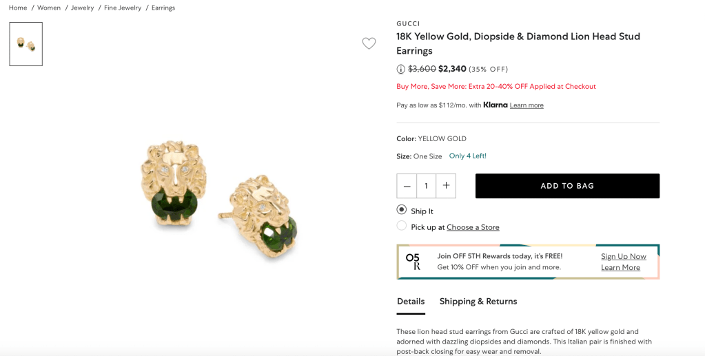 GUCCI 18K Yellow Gold, Diopside & Diamond Lion Head Stud Earrings
Price reduced from$3,600 to $2,340 (35% OFF)
Buy More, Save More: Extra 20-40% OFF Applied at Checkout