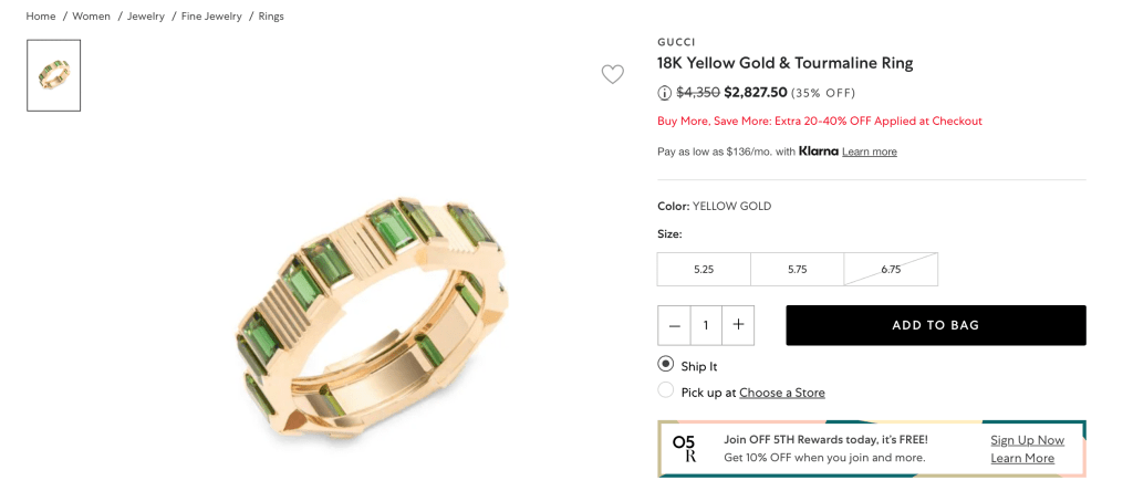 GUCCI 18K Yellow Gold & Tourmaline Ring
Price reduced from$4,350 to $2,827.50 (35% OFF)
Buy More, Save More: Extra 20-40% OFF Applied at Checkout