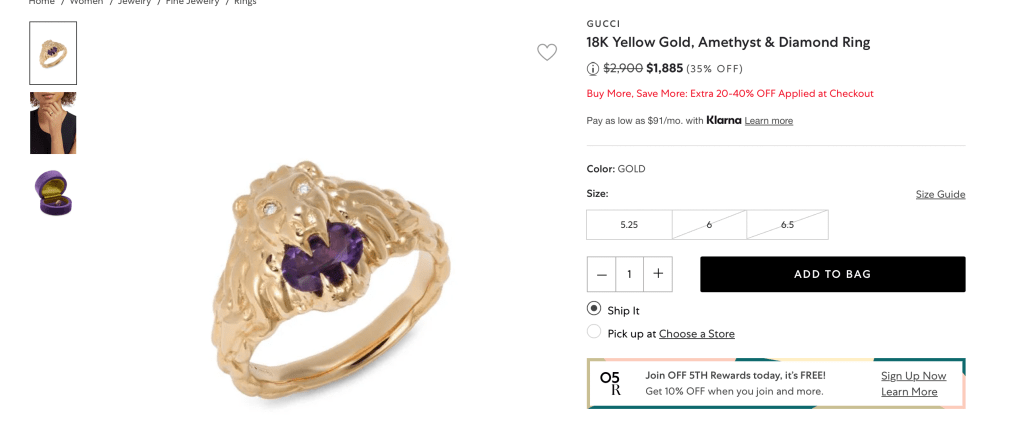 GUCCI 18K Yellow Gold, Amethyst & Diamond Ring
Price reduced from$2,900 to $1,885 (35% OFF)
Buy More, Save More: Extra 20-40% OFF Applied at Checkout