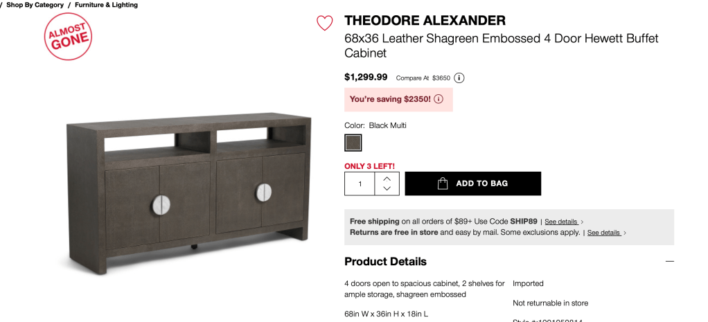 THEODORE ALEXANDER
68x36 Leather Shagreen Embossed 4 Door Hewett Buffet Cabinet

$1,299.99