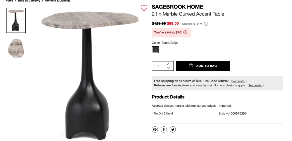 SAGEBROOK HOME
21in Marble Curved Accent Table

original price:$129.99 new price: $99.00