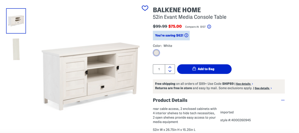 BALKENE HOME
52in Evant Media Console Table
$75.00  
