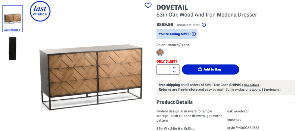 DOVETAIL
63in Oak Wood And Iron Modena Dresser

$899.99