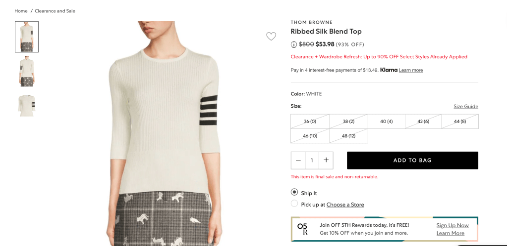 THOM BROWNE Ribbed Silk Blend Top
$53.98 (93% OFF)
