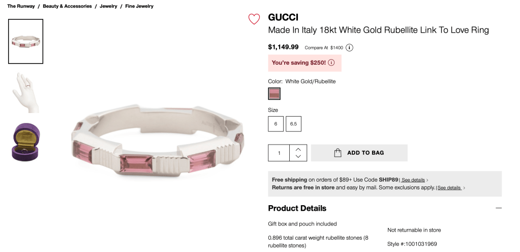 GUCCI
Made In Italy 18kt White Gold Rubellite Link To Love Ring
$1,149.99 