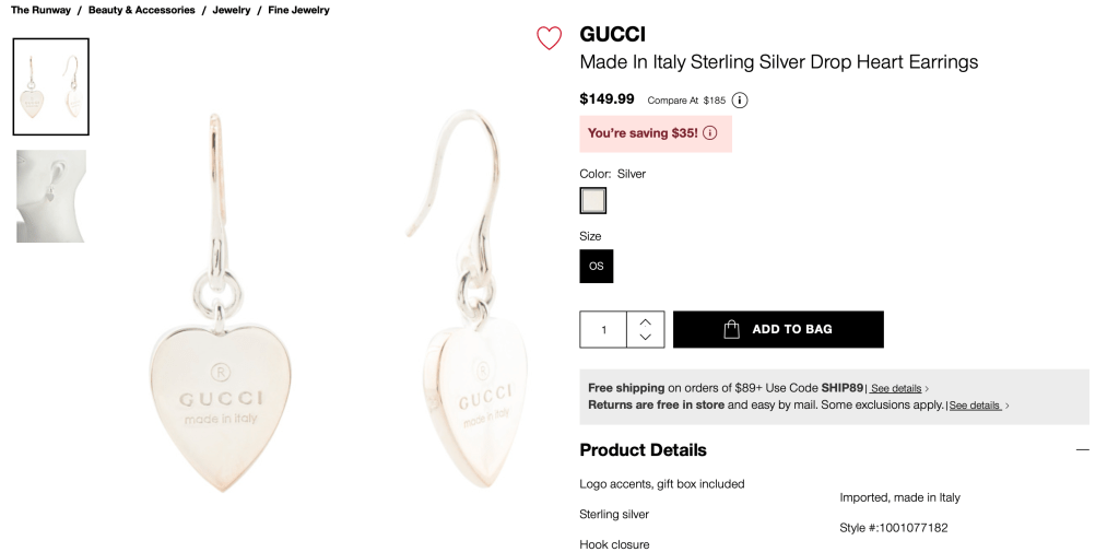 GUCCI
Made In Italy Sterling Silver Drop Heart Earrings

$149.99  