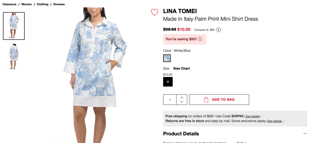 LINA TOMEI
Made In Italy Palm Print Mini Shirt Dress

original price:$39.99 new price: $10.00